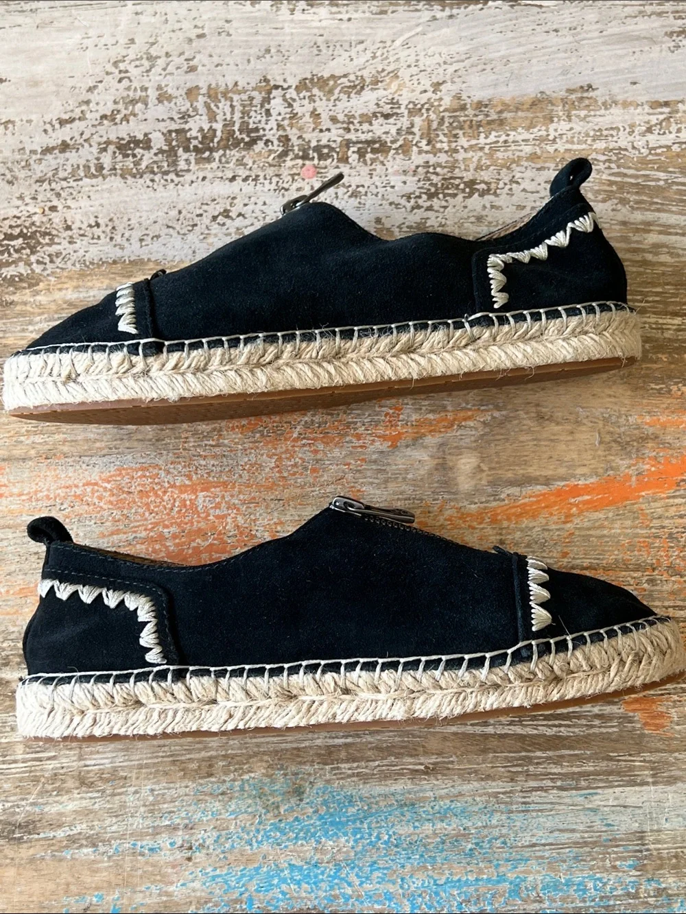 Patricia Nash Black Suede Espadrille Slip-On with Cream Stitching Size 6.5